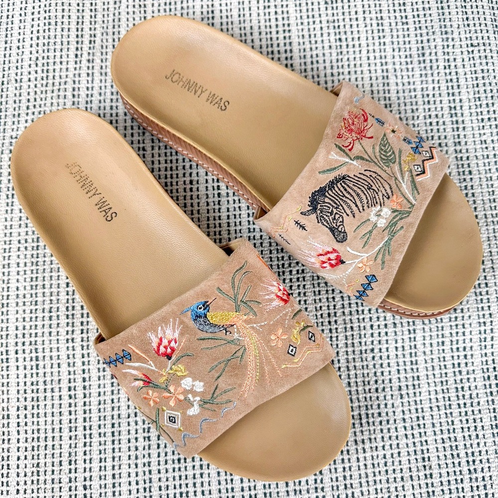 Johnny Was Slide Sandals Womens Size 10 Tan Embroidered Zebra Bird Suede Boho